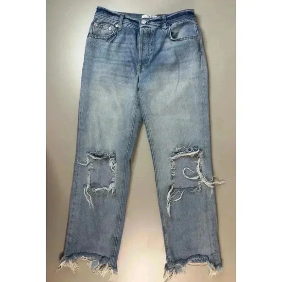 We The Free Size 25 Maggie Mid Rise Straight Leg Distressed Knee Holes Raw Hem - Picture 3 of 12